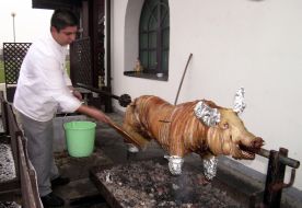 Genre photos. Sucking-pig on spit