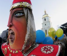 Man in mask of ancient Russian bogatyr