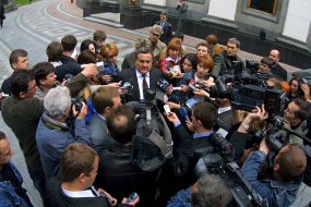Yevgeniy Marchuk communicates with journalists