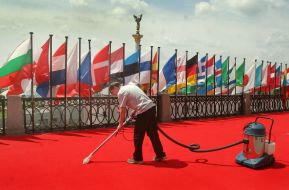 Workers conduct preparatory works