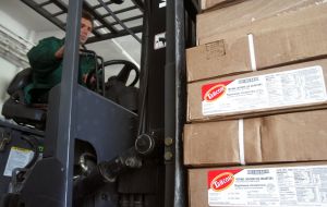 Worker transports chicken hams