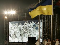 Hoisting an Ukrainian flag