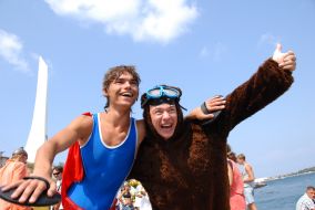 Participants of races on mattresses