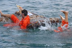 Participants of races on mattresses