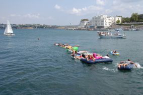 Participants of races on mattresses