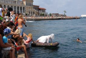 Participants of races on mattresses