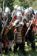 Participants of show of recreation of medieval knights duels