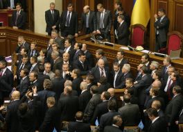 Deputies lock a tribune and presidium