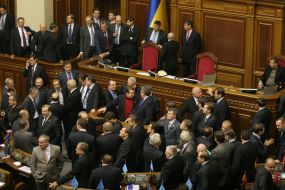 Deputies lock a tribune and presidium