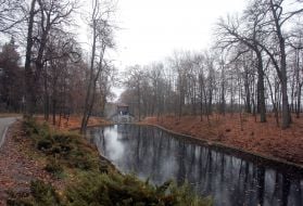 Pond of Popov and Chinese bridge in arboretum ”Aleksandria”