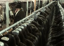 A woman chooses a fur coat