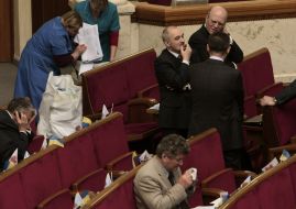 A technical personnel takes away in the hall of meetings