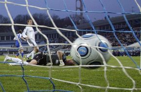 A ball is in the goal of  FC “Chernomorets” (Odessa)