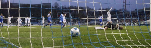 A ball is in the goal of  FC “Chernomorets” (Odessa)