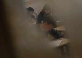 Schoolchildren executes the tests tasks