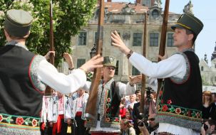 Festive parade participants