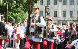 Festive parade participants