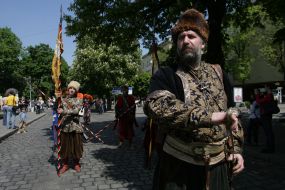 Festive parade participants
