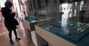 A visitor examines the exhibits