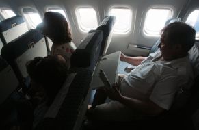 The employees of air-port in the salon of airplane