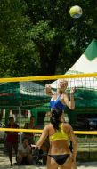 A sportswoman serves a ball