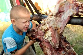 A boy bites off the piece of the fried meat