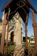 Our Lady with baby sculpture near Roman Catholic church