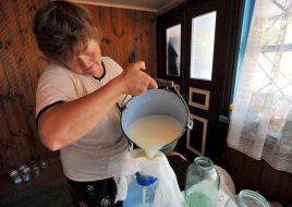 A woman strains off fresh milk in a bottle