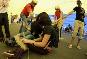 People under the Ukraine’s flag