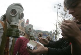 Flash-mob participants smokes