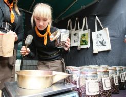 A girl weighs coffee