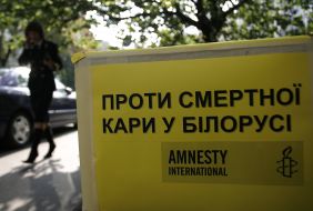Box with inscription: ”Against the death penalty in Belarus”