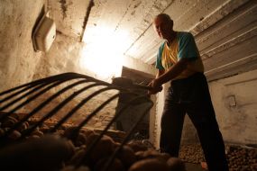 Чоловік засипає картоплю у погріб