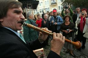 A musician plays on a clarinet