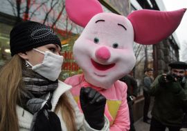 A man in the suit of pig