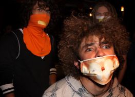 Models in the covered with drawing respirator masks