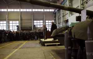 Yulia Timoshenko speaks before the workers of factory
