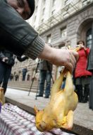 Учасник пікету тримає тушку курки