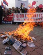 Участники митинга сжигают учебники по истории Украины