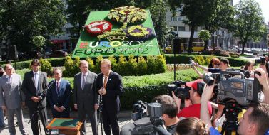 Opening of floral flowerbed in the form of Euro-2012 logotype