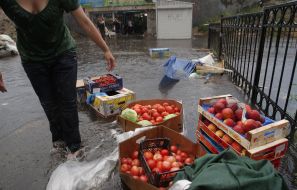 Boxes with vegetable and fruit