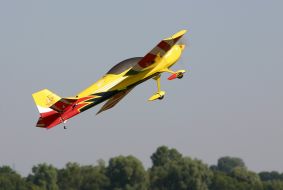 Radio-controlled model aircraft in flight