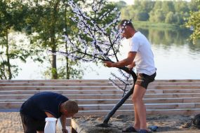 Workers decorate the residence