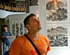 Відвідувач розглядає картини