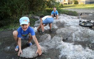 Children play with a hail