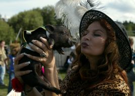 Женщина целует свинку-победителя