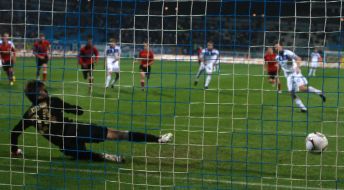 Ball in the goal of SC ”Metallurg”