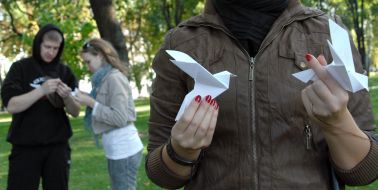 Students folded paper origami