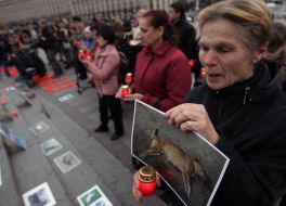 Женщина держит фотографию, на которой изображена мертвая собака