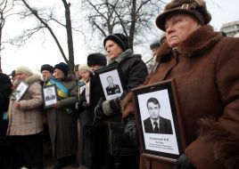Participants of the ceremony of memory honouring of disaster fighters at Chernobyl nuclear power plant